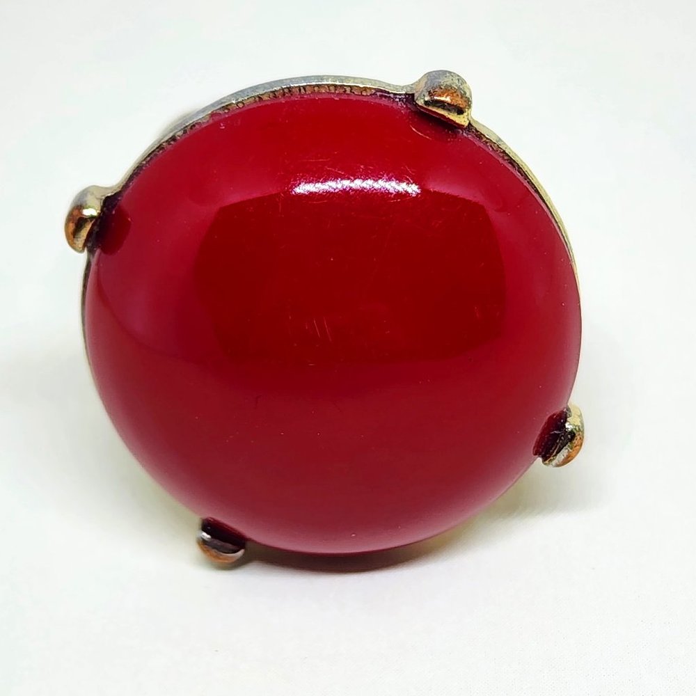 Retro MCM Red Round Cabachon Acrylic Stone Prong Set Stretch Fashion Ring - Picture 4 of 7
